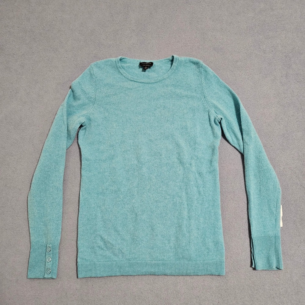 Talbots Pure 100 Cashmere Sweater Aqua Blue Crew Neck Long Sleeve Button Cuff XS